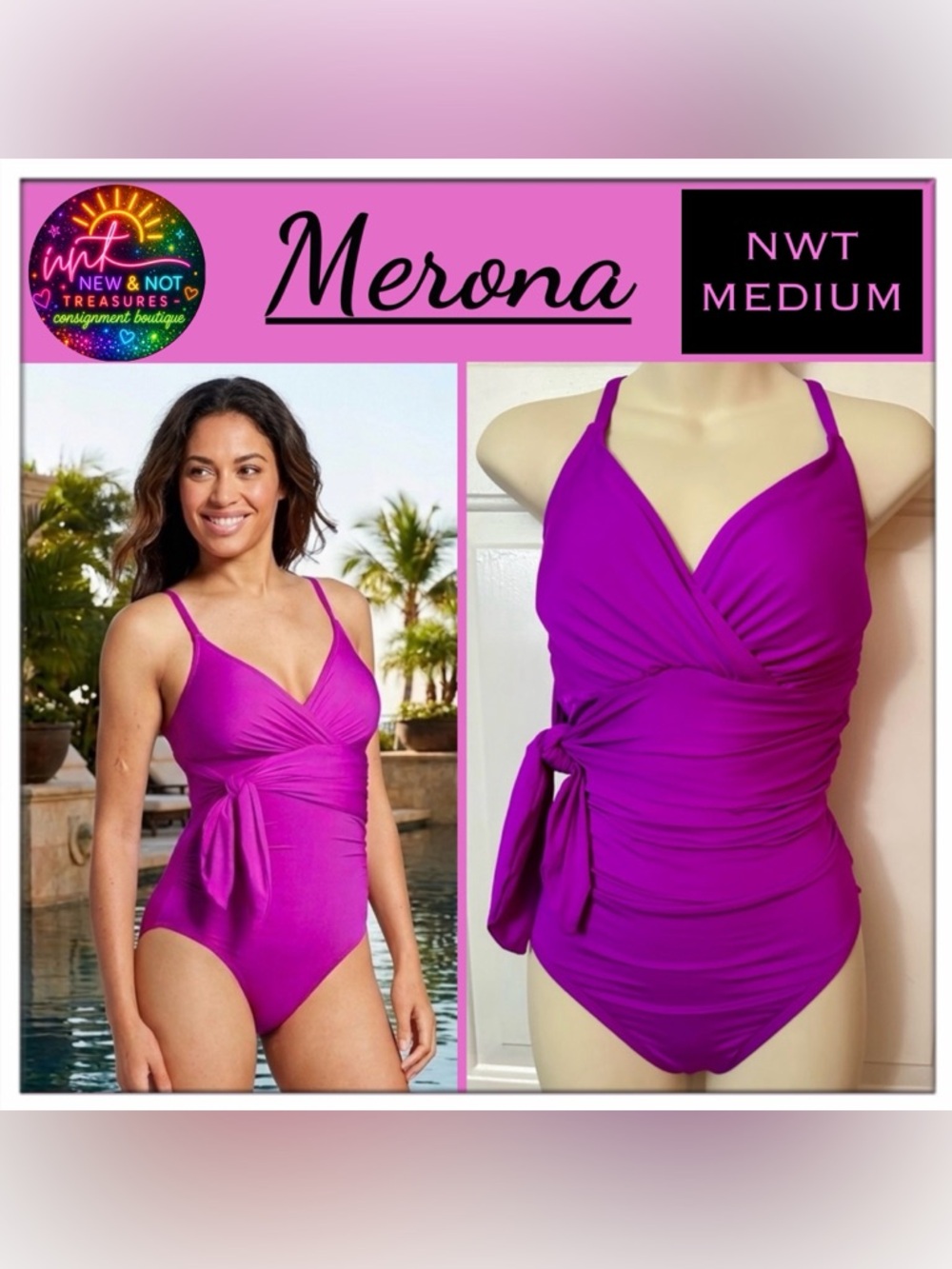 NWT Merona Purple Fuchsia Faux Wrap One Piece Swimsuit Medium Ruched Side Tie